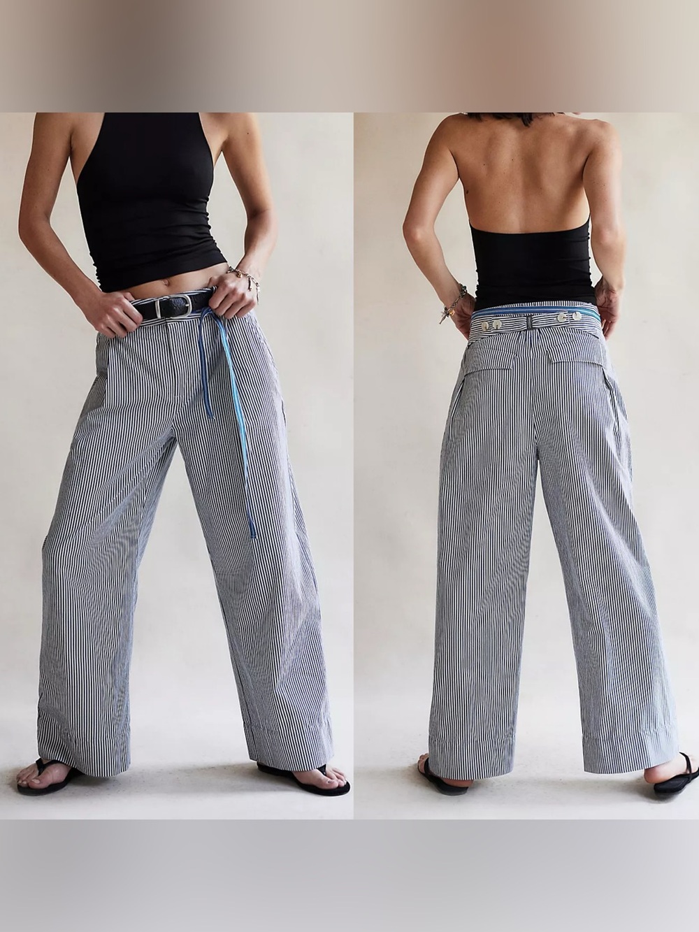 Free People Buckle Back Stripe Trousers Pants Blue/White Women’s - Size 4